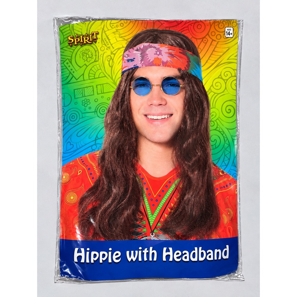 Spirit Halloween Hippie with Headband Brown Long Wavy Wig Retro 70s Costume Set